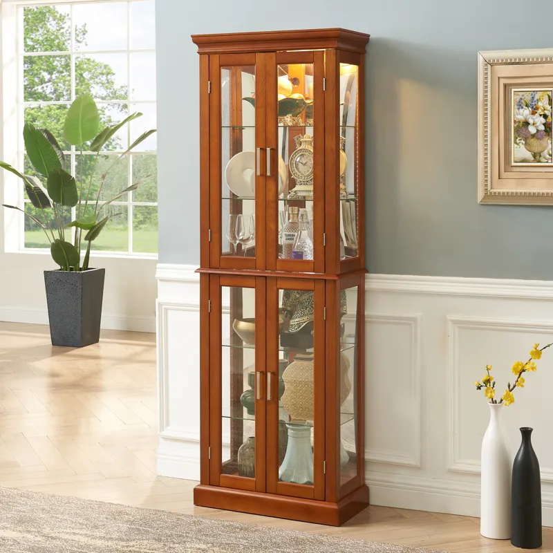 Curio Cabinet Lighted Curio Diapaly Cabinet With Adjustable Shelves And Mirrored Back Panel, Tempere