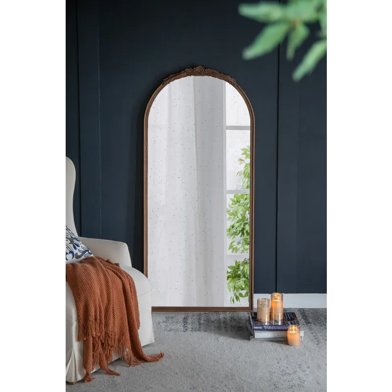 Hand Carved Rose Antique Mirror Frame, Large Arch Mirror Wall Decor For Living Room, Bathroom, Entry