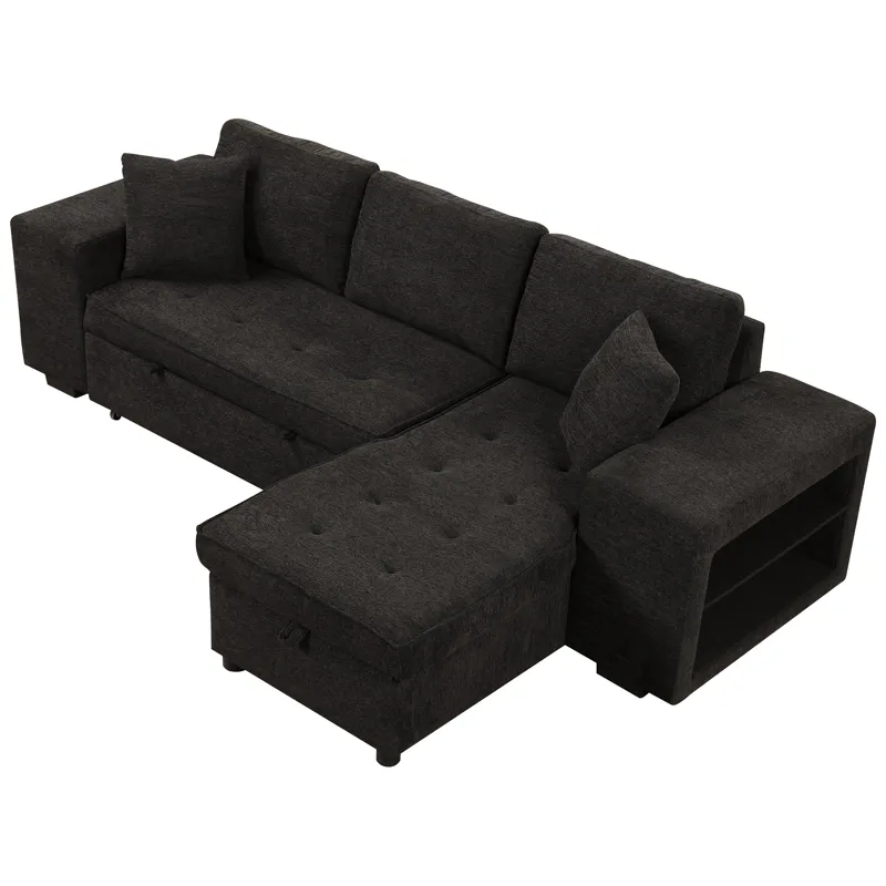 Modern L-Shape 3 Seat Reversible Sectional Couch, Pull Out Sleeper Sofa With Storage Chaise And 2 St