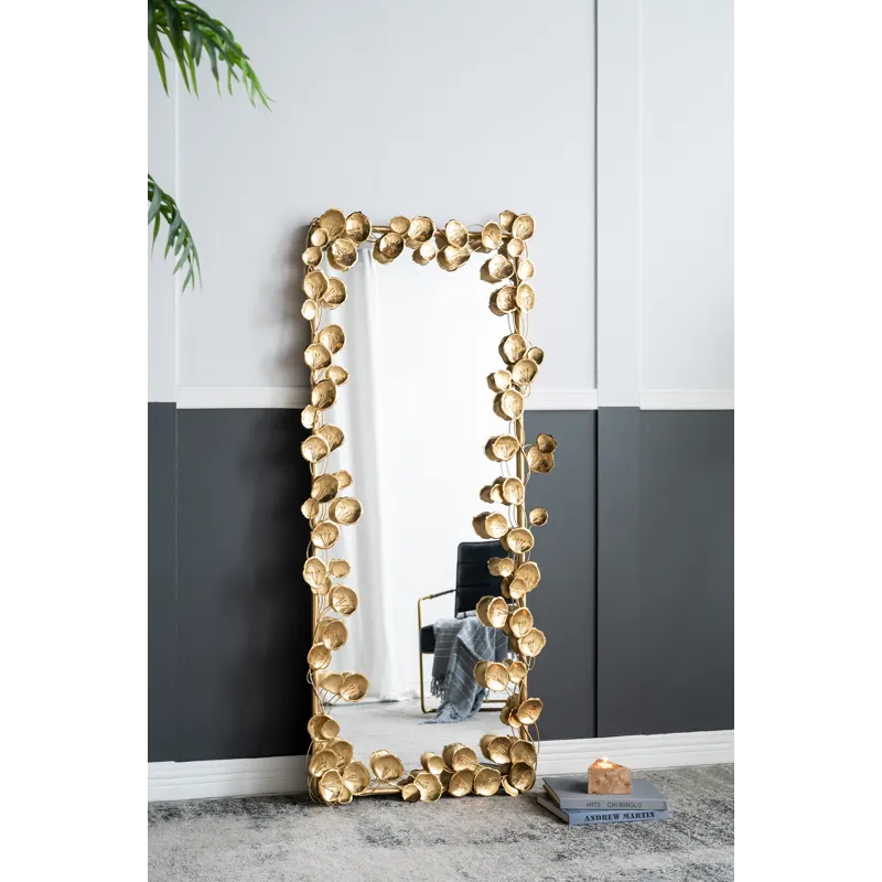 Stella Full Length Mirror With Leaf Accents, Floor Miiror For Living Room Bedroom - Golden