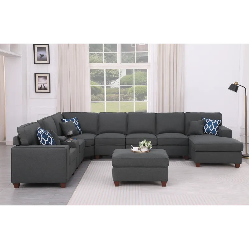Eric - 9 Piece Upholstered Sectional With Ottoman - Dark Gray