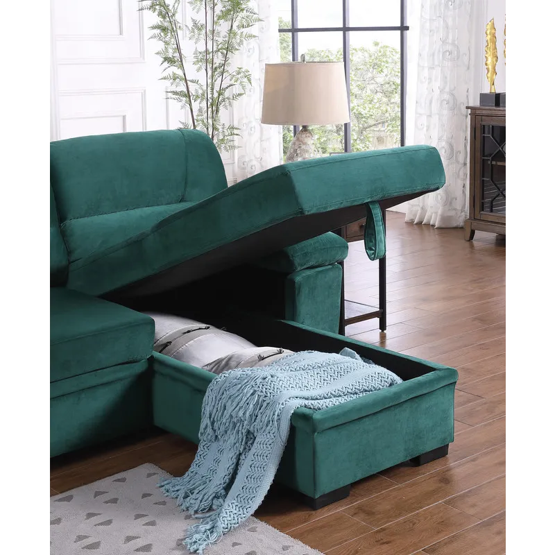 Kipling - Velvet Fabric Reversible Sleeper Sectional Sofa Chaise - Green