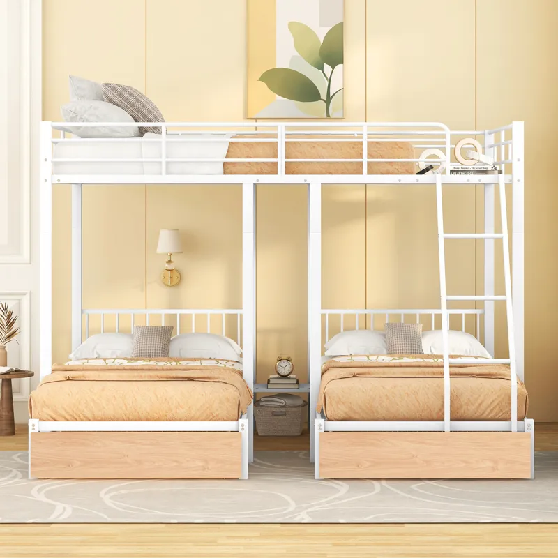 Full Over Twin & Twin Bunk Bed, Metal Triple Bunk Bed With Drawers And Guardrails - White
