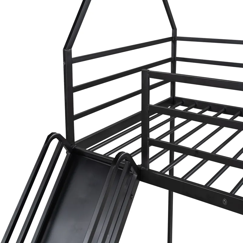 Twin Over Twin House Bunk Bed With Ladder And Slide - Black