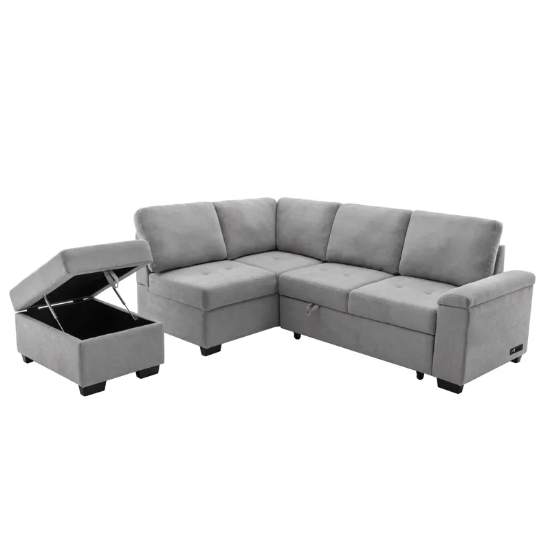 Sleeper Sectional Sofa, L-Shape Corner Couch Sofa - Bed With Storage Ottoman & Hidden Arm Storage & 