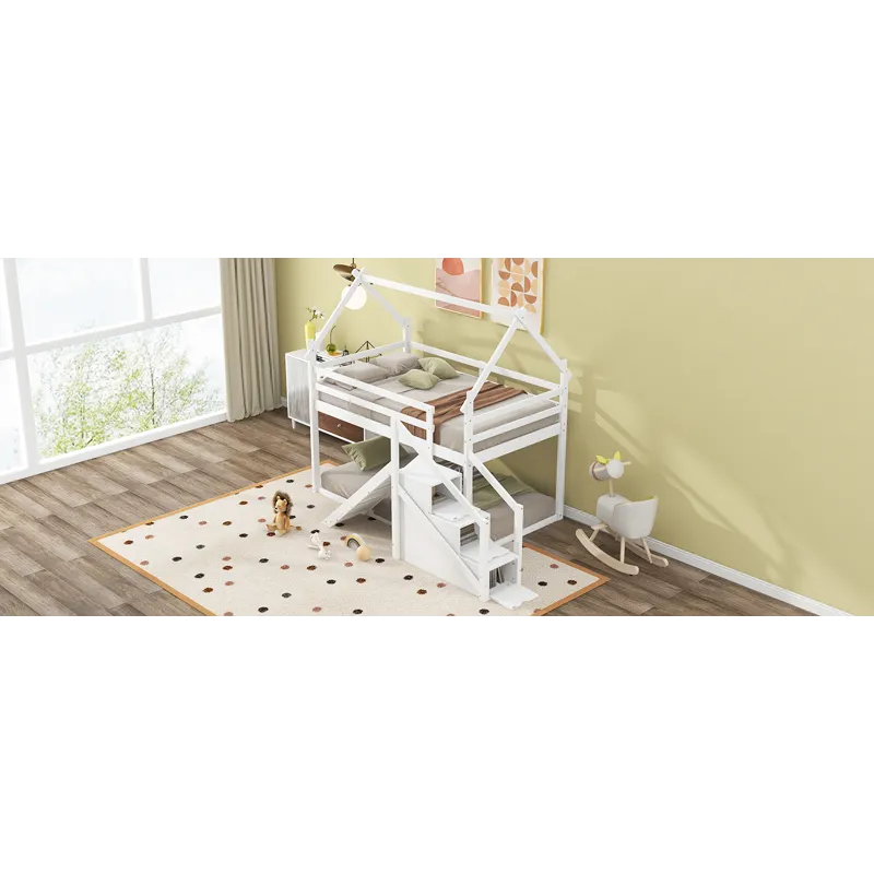Twin Over Twin House Loft Or Bunk Bed With Slide And Staircase - White