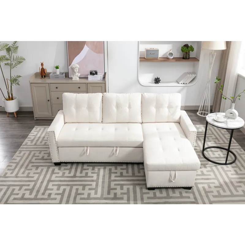 Reversible Sectional Storage Sleeper Sofa Bed, L-Shape 2 Seat Sectional Chaise With Storage, Skin-Fe