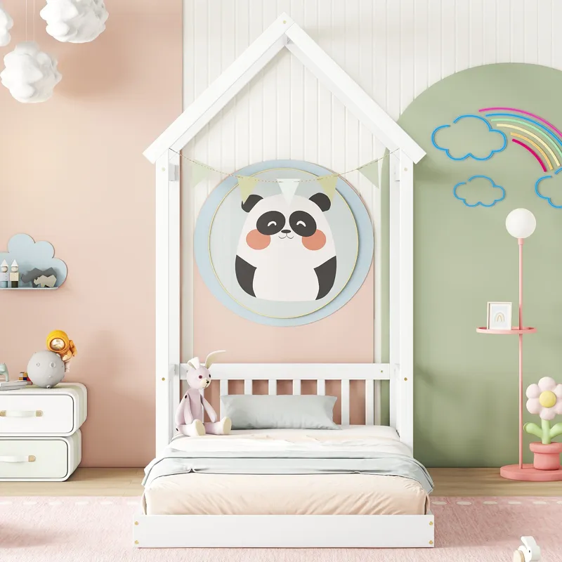 Twin House-Shaped Roof Headboard Floor Bed, (Without Slats) - White