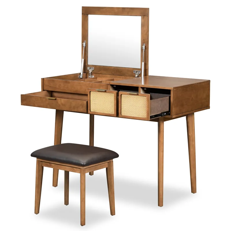 Classic Wood Makeup Vanity Set With Flip-Top Mirror And Stool, Dressing Table With Three Drawers And