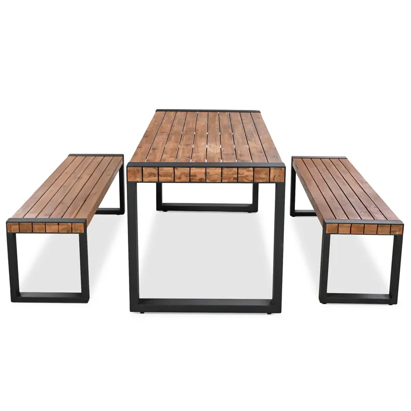 3 Pieces Outdoor Dining Table With 2 Benches, Patio Dining Set With Unique Top Texture, Acacia Wood 