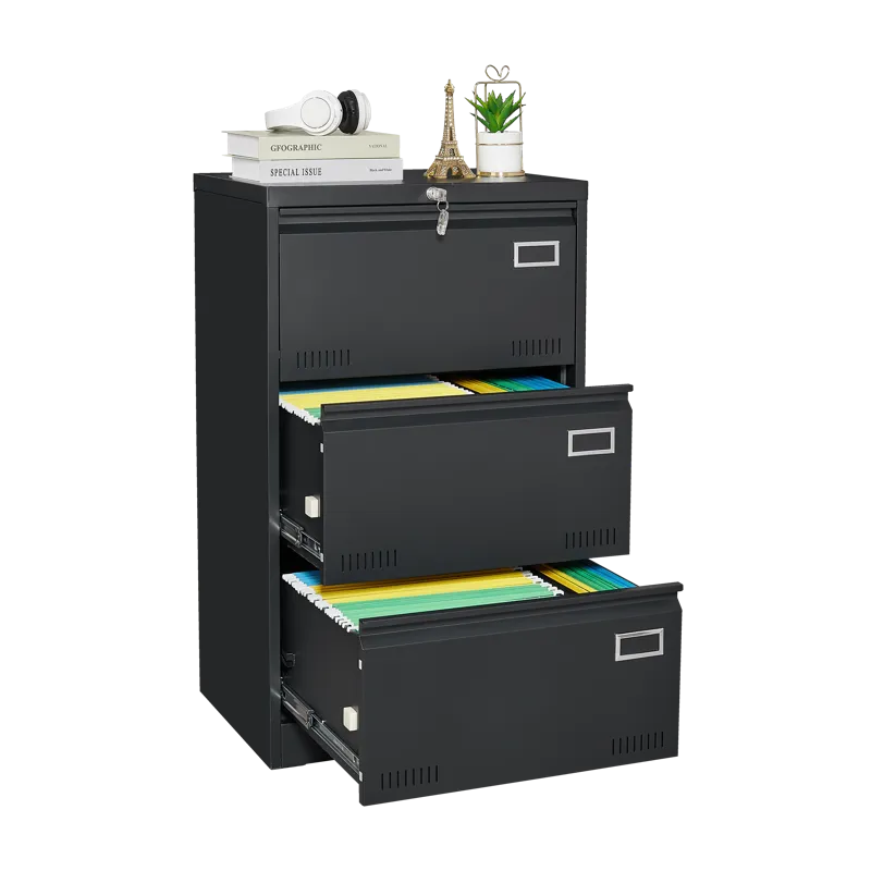 Filing Cabinet Lateral File Cabinet 3 Drawer, Blcak Locking Metal File Cabinets Three Drawer, Office