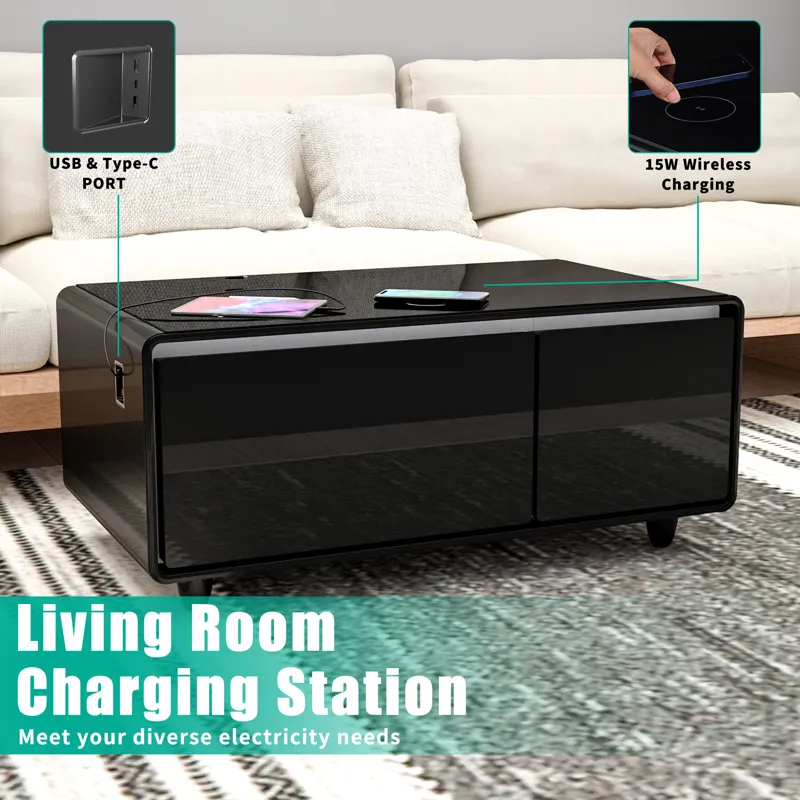 Modern Smart Coffee Table With Built-In Fridge - Bluetooth Speaker, Wireless Charging, Touch Control