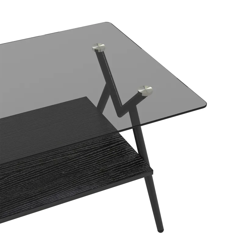 Rectangle Coffee Table With Tempered Glass Top And Black MDF Shelf, Modern Table For Living Room - G