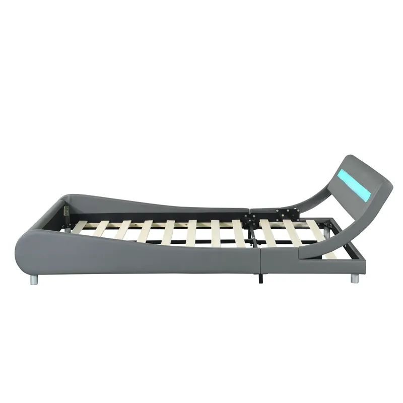 Queen Size Upholstered Platform Bed Frame With LED Lighting, Curve Design, Wood Slat Support, No Box