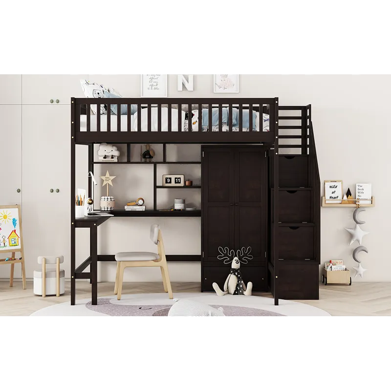 Full Size Loft Bed With Bookshelf, Drawers, Desk, And Wardrobe - Espresso