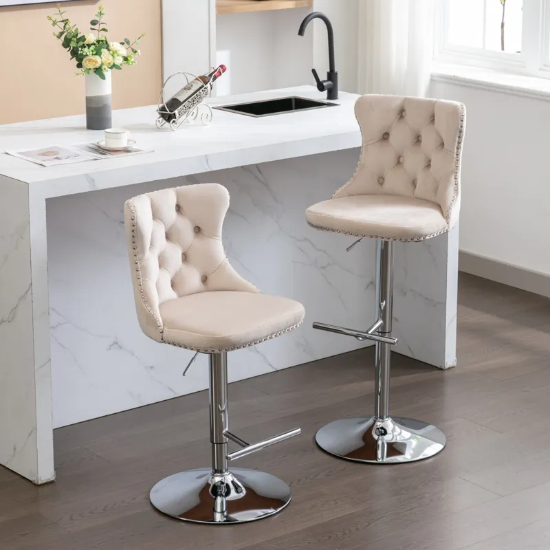 Swivel Velvet Barstools Adjusatble Seat Height From 25-33\", Modern Upholstered Chrome Base Bar Stoo