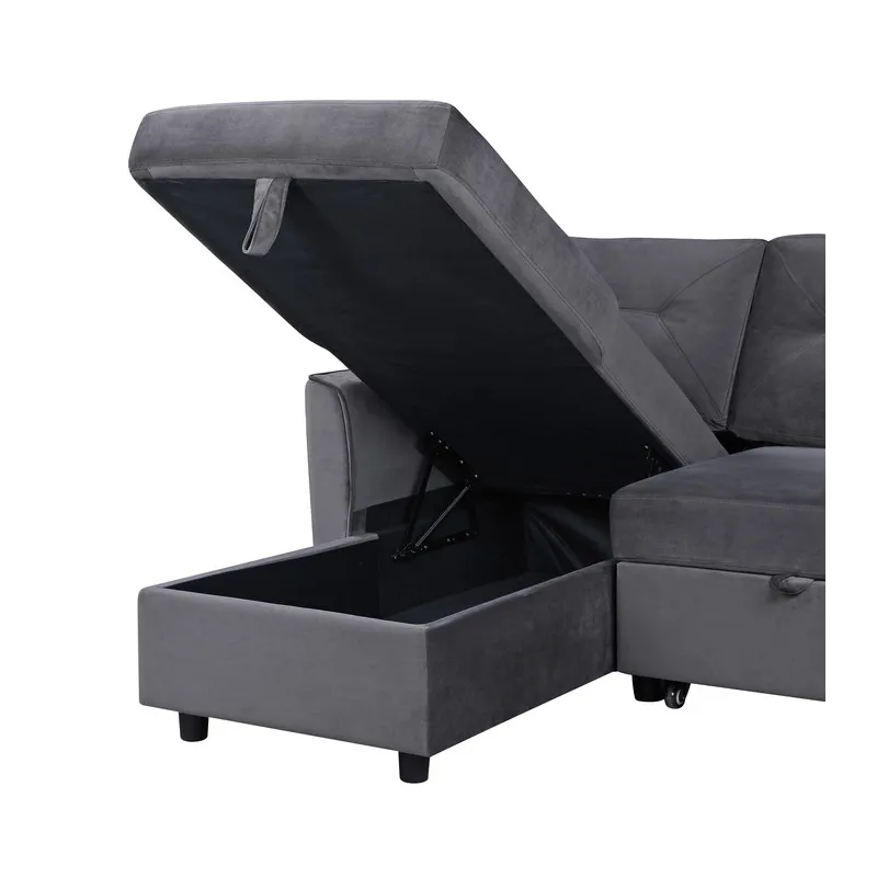 Hudson - Velvet Reversible Sleeper Sectional Sofa With Storage Chaise - Dark Gray