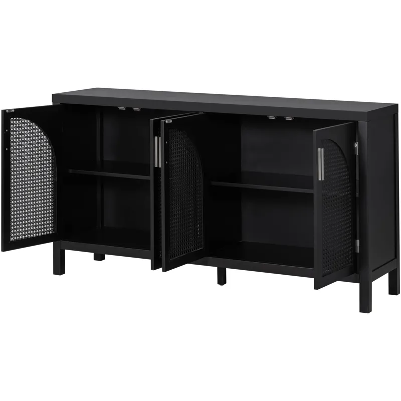 Large Storage Space Sideboard With Artificial Rattan Door And Metal Handles For Living Room And Entr