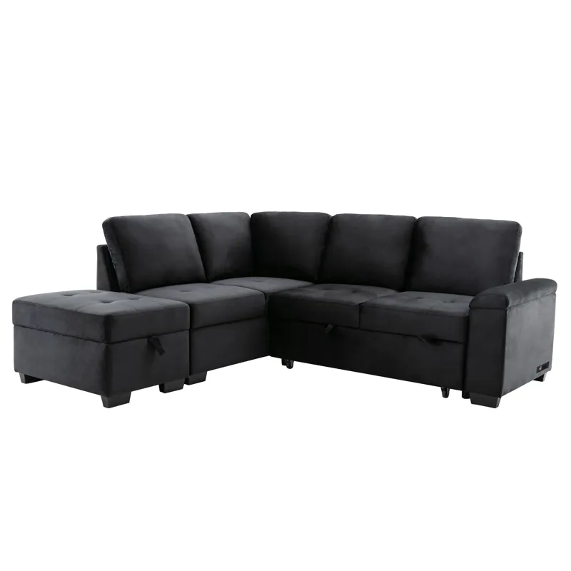 Sleeper Sectional Sofa, L-Shape Corner Couch Sofa Bed With Storage Ottoman & Hidden Arm Storage & US