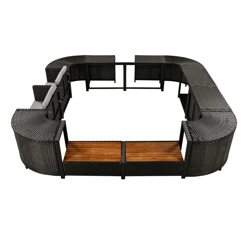 Spa Surround Spa Frame Quadrilateral Outdoor Rattan Sectional Sofa Set With Mini Sofa, Wooden Seats 