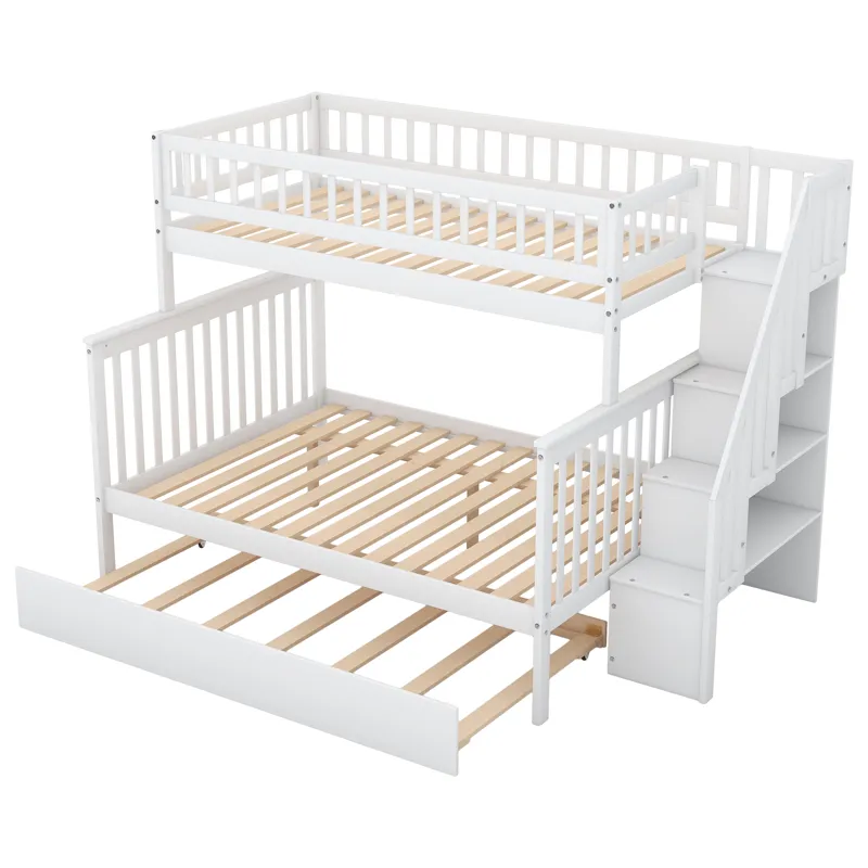 Twin Over Full Bunk Bed With Trundle And Staircase - White
