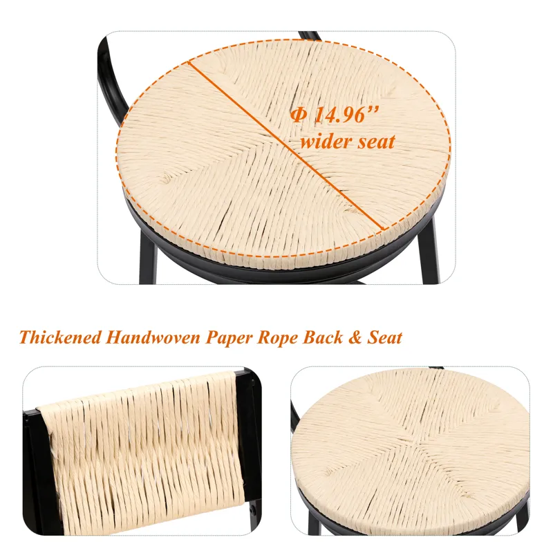 Bar Stools Swivel Counter Chairs With Metal Frame (Set of 2) Hand Woven Paper Rope Dining Barstools 