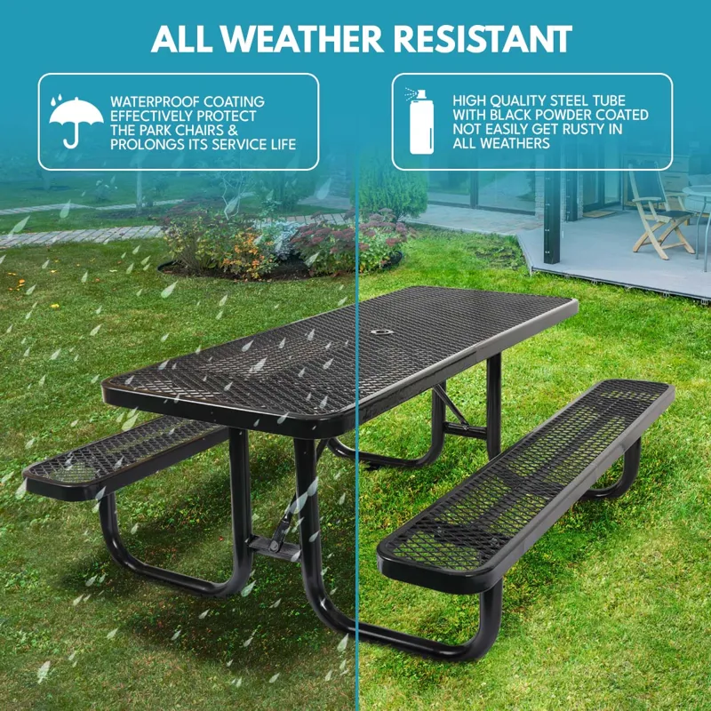 Outdoor Steel Picnic Rectangular Table With Umbrella Pole - Black