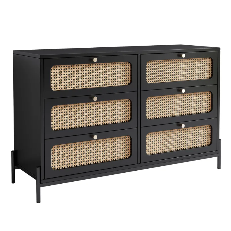 Modern Cannage Rattan Wood Closet 6 Drawer Dresser Wood Storage Cabinet Sideboard For Bedroom, Livin