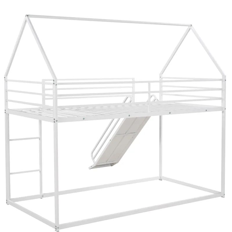 Twin Over Twin House Bunk Bed With Ladder And Slide - White