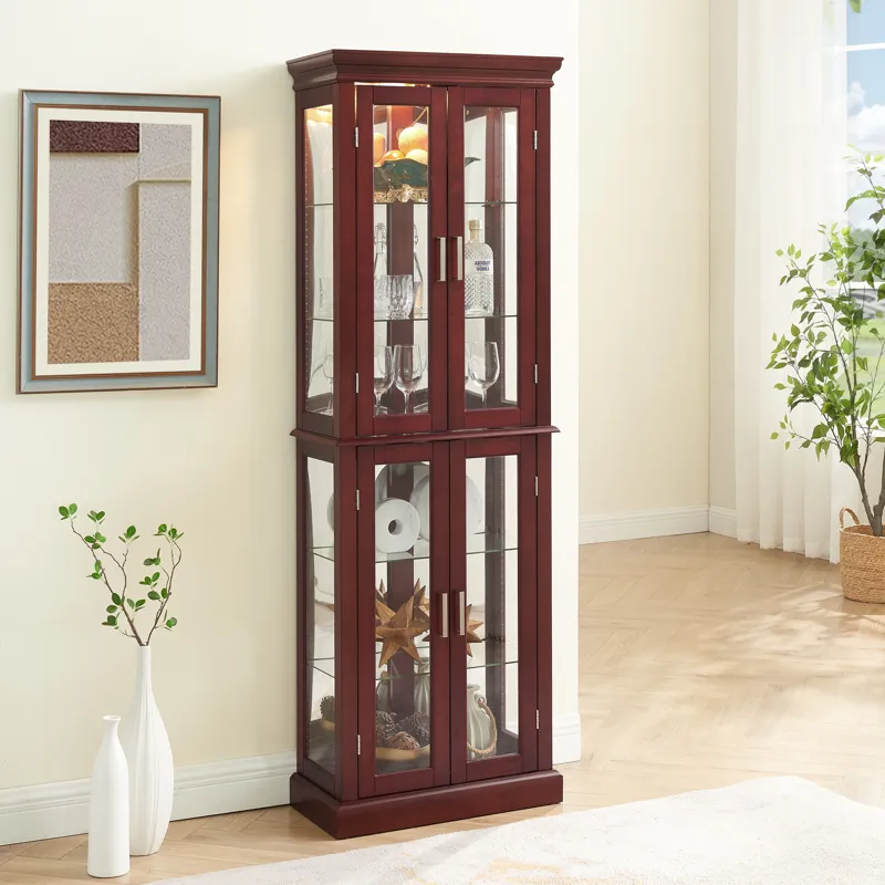 Curio Cabinet Lighted Curio Diapaly Cabinet With Adjustable Shelves And Mirrored Back Panel, Tempere