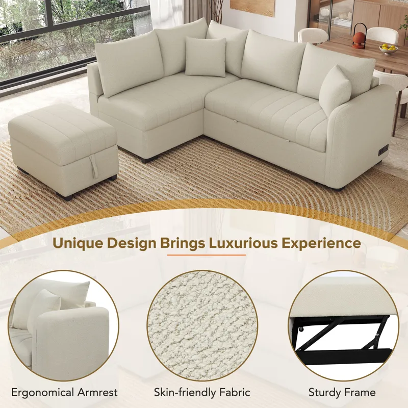 L-Shaped Sectional Pull Out Sofa Bed Sleeper Sofa With Two USB Ports, Two Power Sockets And A Movabl