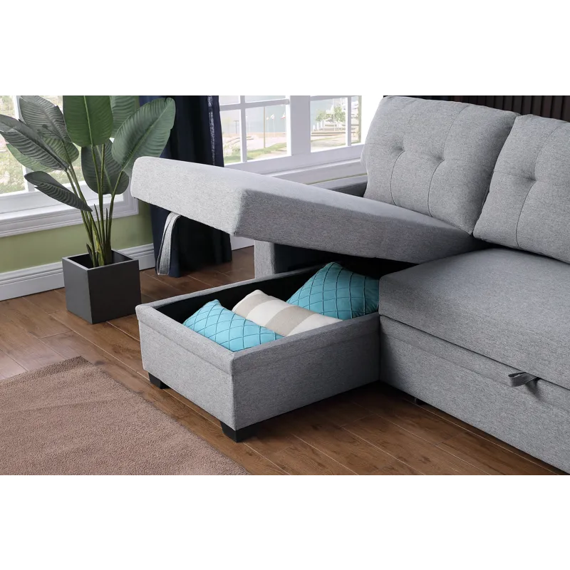 Upholstered Pull Out Sectional Sofa With Chaise - Light Gray