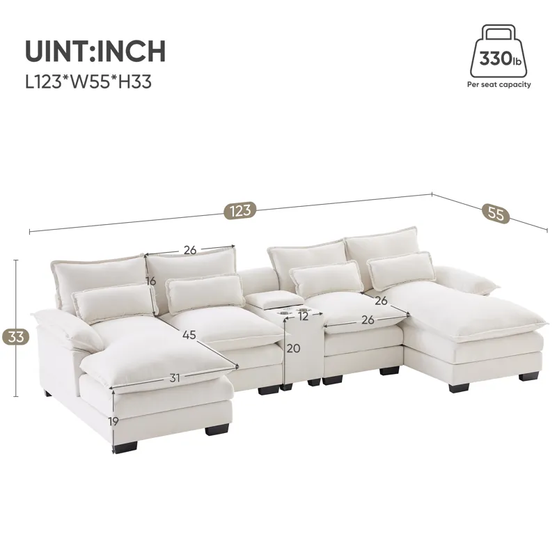 Modern U Shaped Sofa With Console, Cupholders And USB Ports, 6 Seat Upholstered Symmetrical Indoor F