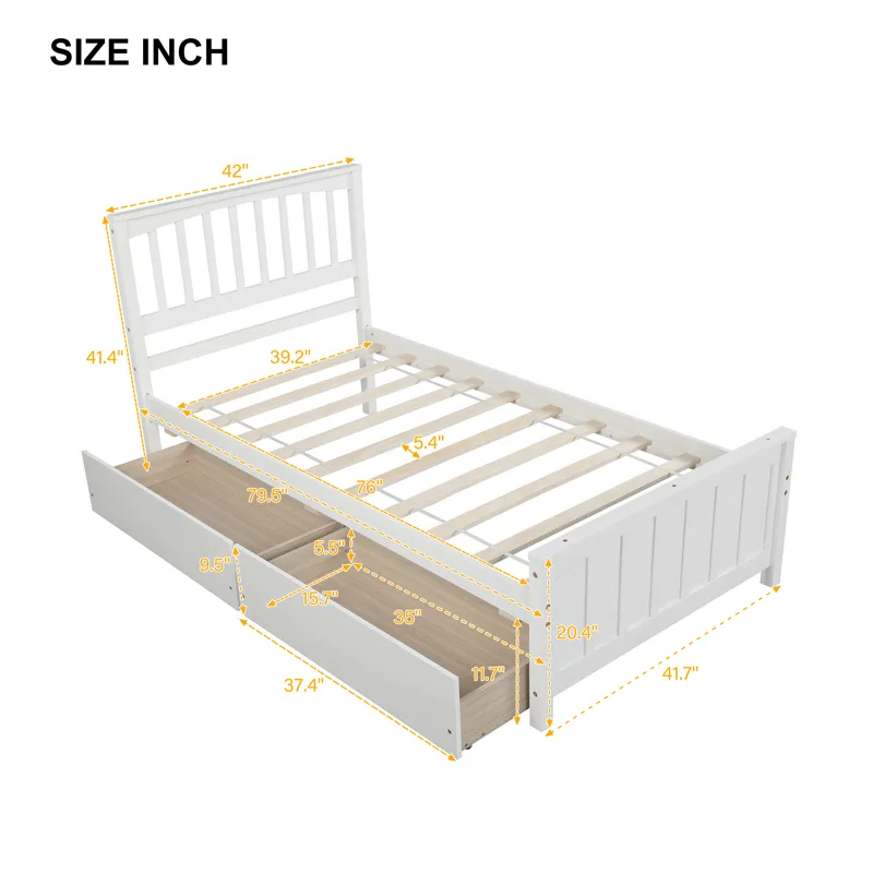Twin Size Platform Bed With Two Drawers - White