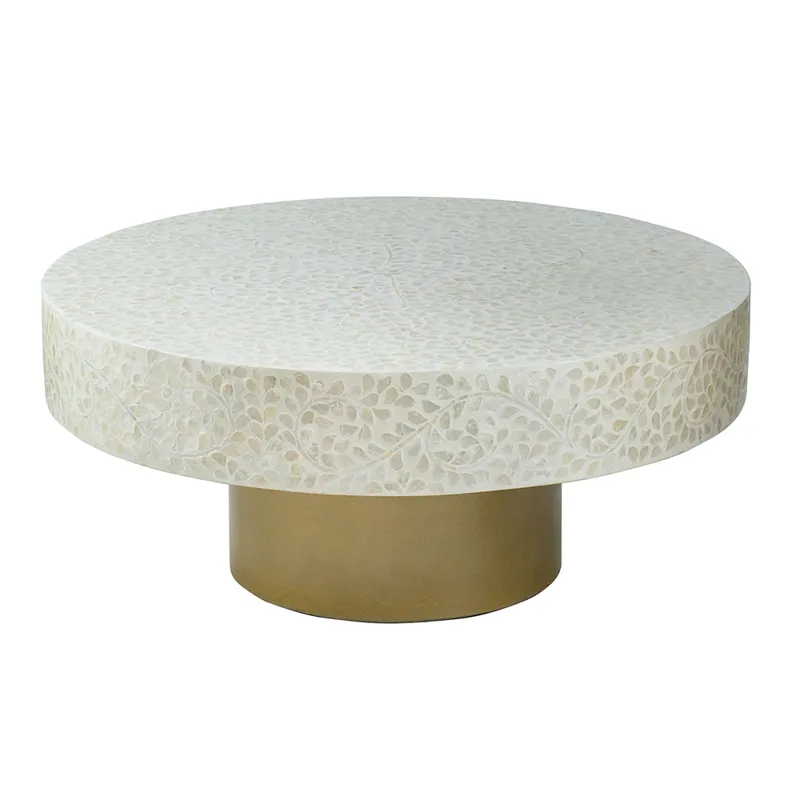 Unique Capiz Coffee Table With Pedestal Base - Cream / Gold