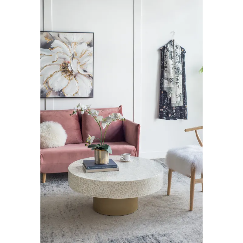 Unique Capiz Coffee Table With Pedestal Base - Cream / Gold