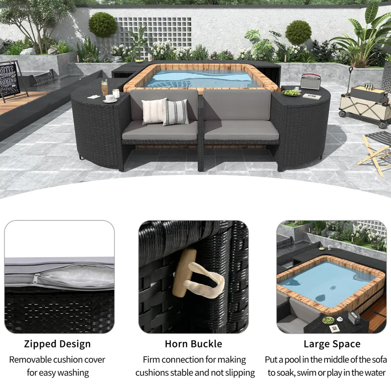 Spa Surround Spa Frame Quadrilateral Outdoor Rattan Sectional Sofa Set With Mini Sofa, Wooden Seats 