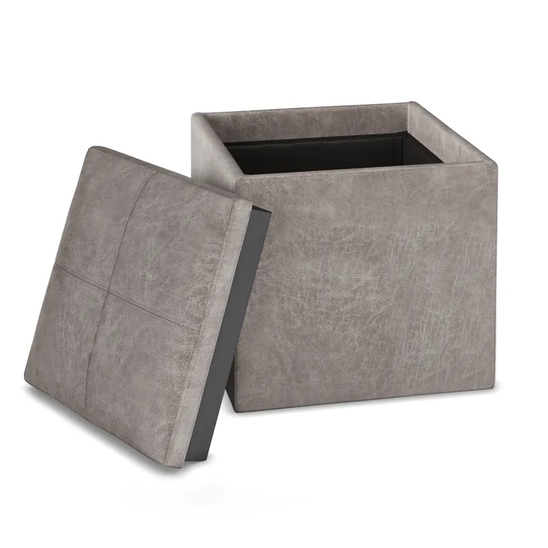 Rockwood - Cube Storage Ottoman with Tray - Distressed Grey Taupe