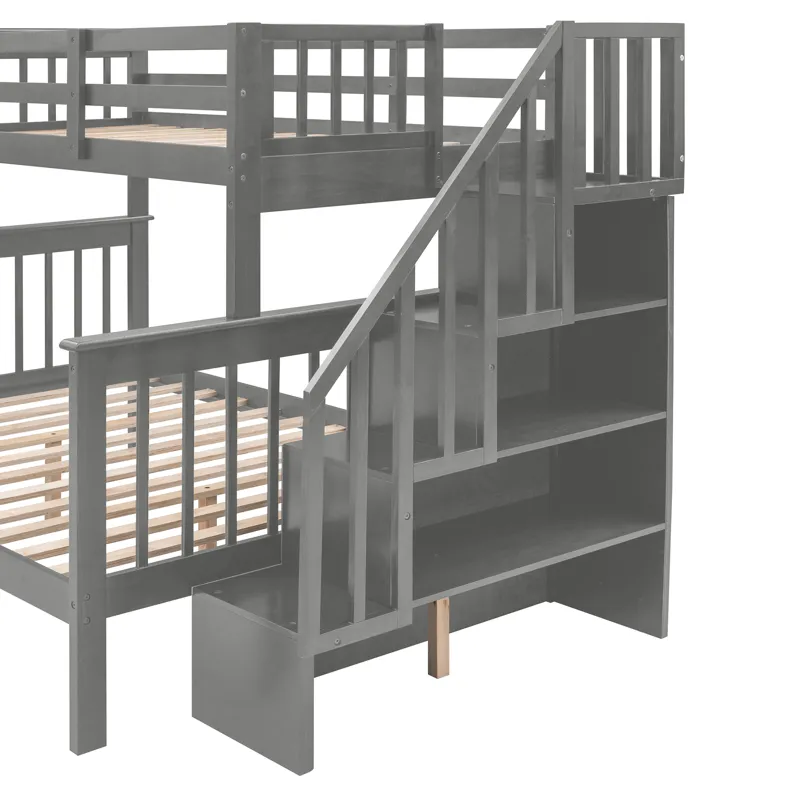 Twin Over Full Stairway Bunk Bed With Drawer, Storage And Guard Rail For Bedroom, Dorm, For Adults -