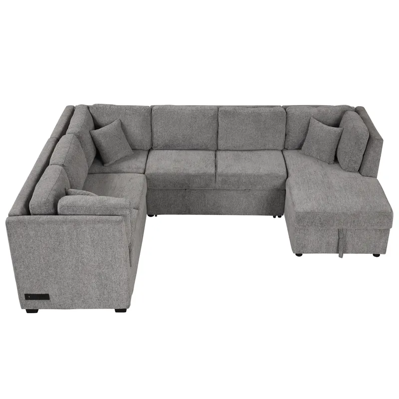 U-Shaped Sectional Sofa Pull Out Sofa Bed With Two USB Ports, Two Power Sockets, Three Back Pillows 