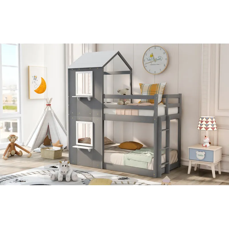 Twin Over Twin Bunk Bed Wood Bed With Roof, Window, Guardrail, Ladder - White
