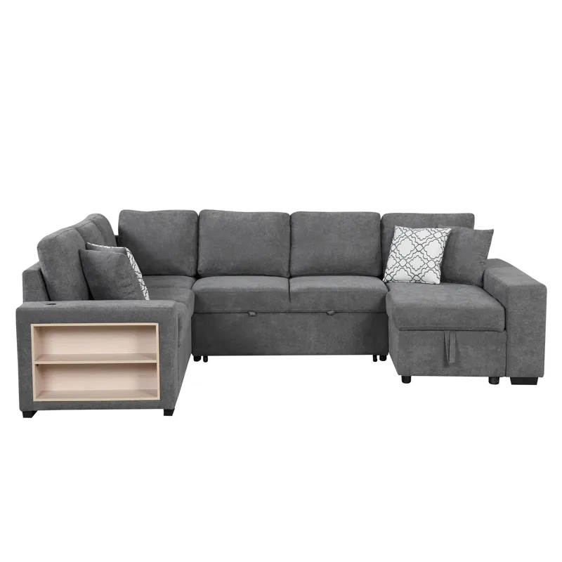 U-Shaped Sectional Sofa Pull-Out Sofa Bed With Two USB Ports, A Storage Chaise Lounge And Four Back 