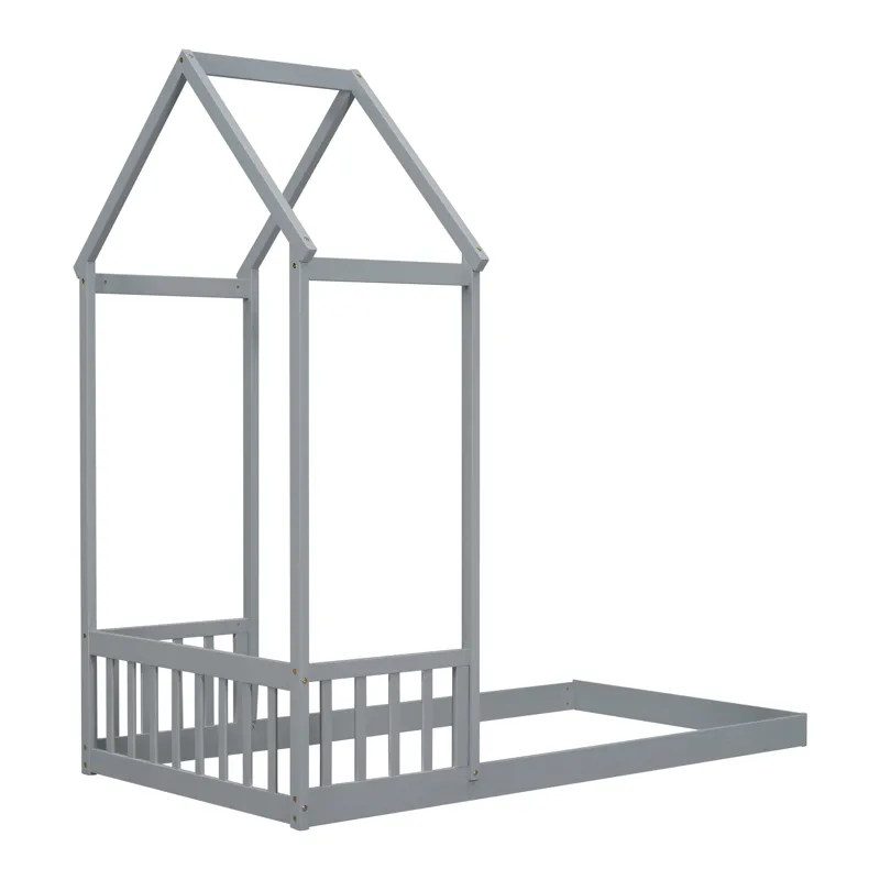 Twin House-Shaped Roof Headboard Floor Bed, (Without Slats) - Gray