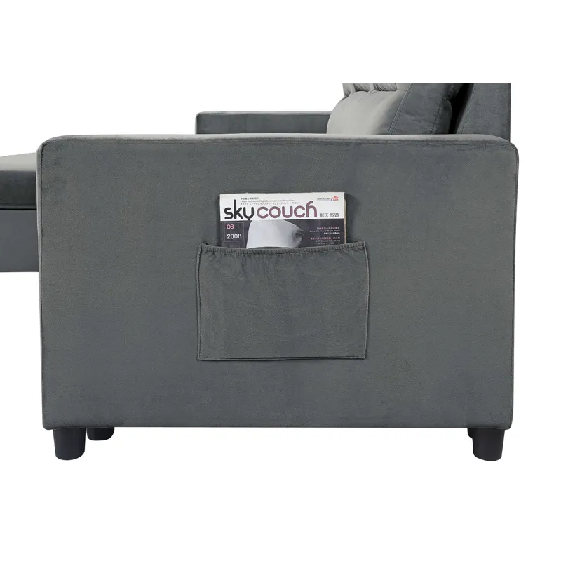 Ivy - Velvet Reversible Sleeper Sectional Sofa With Storage Chaise And Side Pocket - Dark Gray