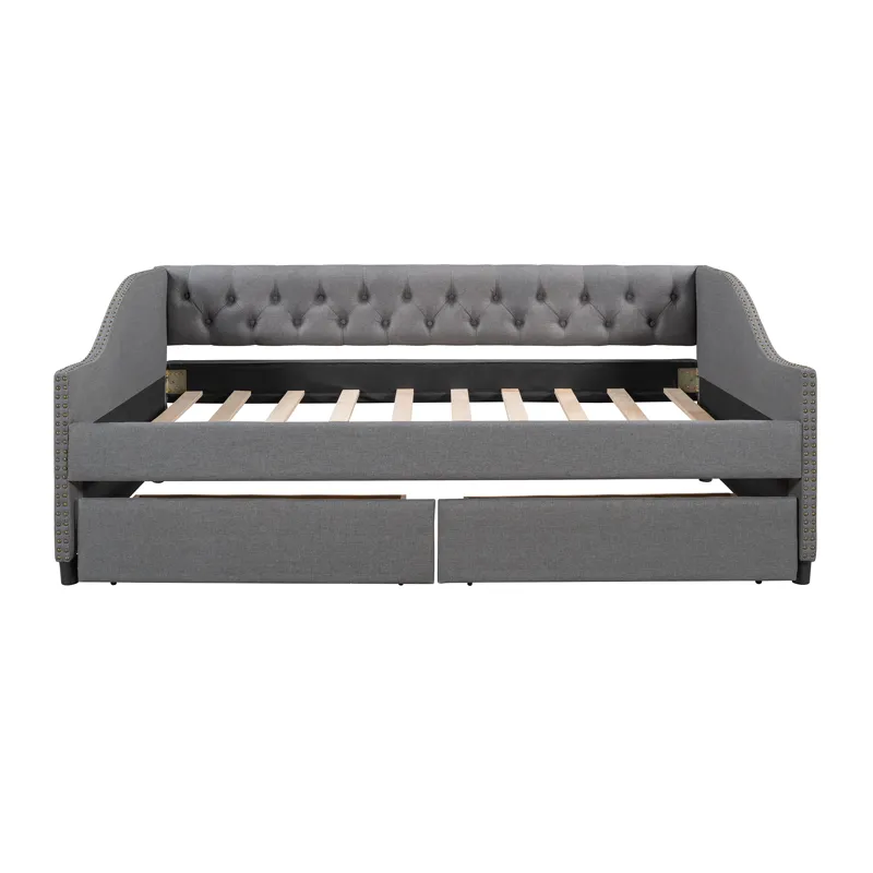 Full Size Upholstered Daybed With Two Drawers, Wood Slat Support - Gray