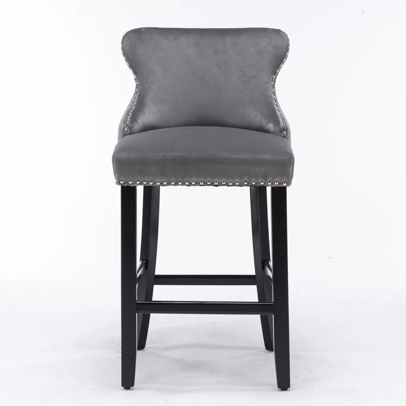 Contemporary Velvet Upholstered Wing-Back Barstools With Button Tufted Decoration And Wooden Legs, A
