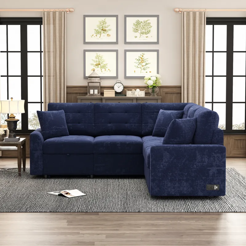 L-Shape Sofa Bed Pull-Out Sleeper Sofa With Wheels, USB Ports, Power Sockets For Living Room - Navy 