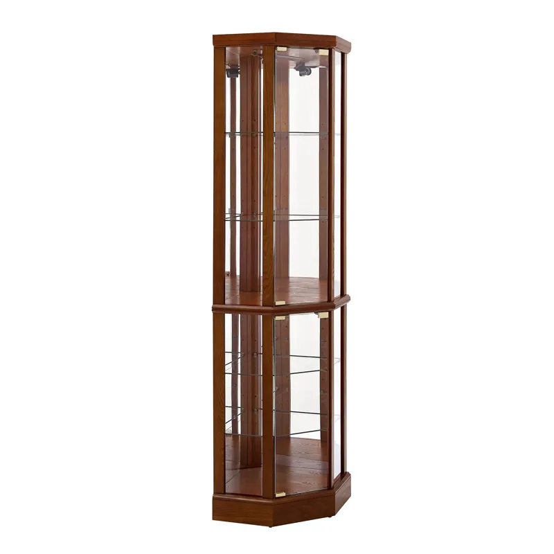 6 Shelf Lighted Corner Curio Cabinet With Adjustable Tempered Glass Shelves And Mirror Back (E26 Light Bulb Not Included) - Walnut
