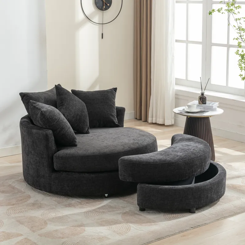 360° Swivel Accent Barrel Chair With Storage Ottoman & 4 Pillows, Modern Chenille Leisure Chair Roun