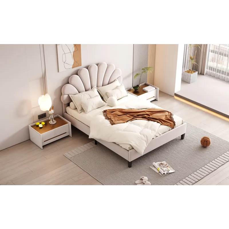 Full Size Upholstered Platform Bed With Flower Pattern Velvet Headboard - Beige
